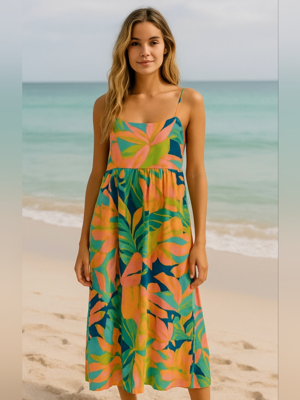 Tropical Leaf Maxi Sun Dress - Pink, Green & Blue Crisp Cotton Smocked Back